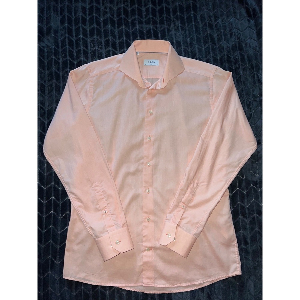 Eton Mens Shirt Slim Peach Twill Weave Button Up Long Sleeve Size 16‎